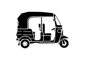 Fototapeta premium A black and white silhouette illustration of a classic three-wheeled auto-rickshaw, or tuk-tuk, on a plain white background.
