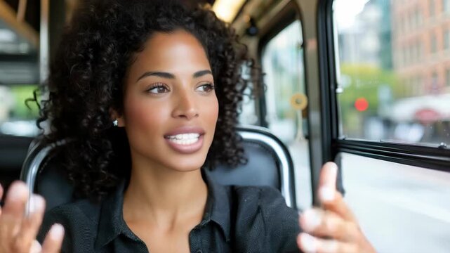 Confident woman talking beside her parked car in bright natural daylight
