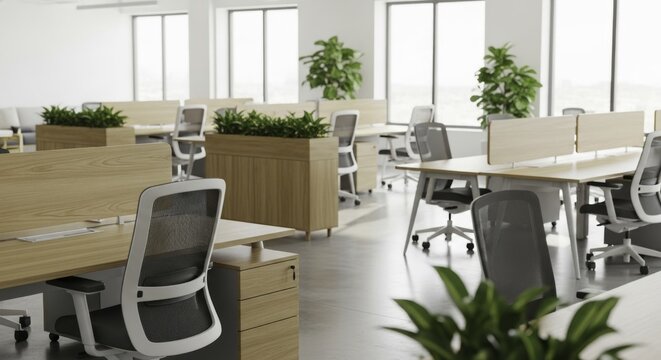 A bright and modern open-plan office space featuring ergonomic chairs, wooden desks with dividers, large software, and lush green plants, creating a professional and inviting work environment with nat
