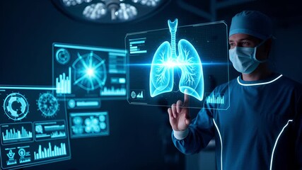 Futuristic surgeon utilizing advanced holographic interfaces to analyze human lung data, embodying the cutting-edge of digital healthcare and medical technology - Powered by Adobe