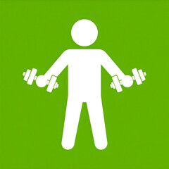 Simple silhouette of a man holding dumbbells on a green background, symbolizing strength training, exercise, and gym activity.
