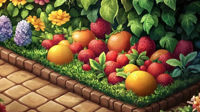 Vibrant garden with fruits and flowers