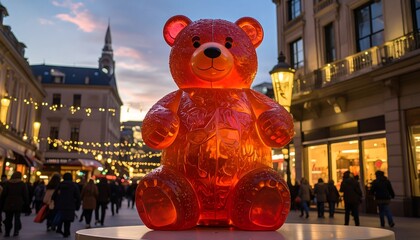 A large, illuminated bear sculpture made of what resembles a giant gummy candy, stands on a pedestal. It's set in a busy European street scene at dusk with pedestrians and decorative lights. 