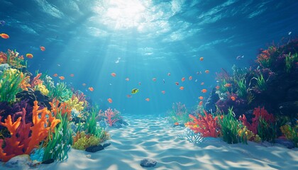 Naklejka premium The illustration shows a vibrant underwater scene with colorful coral, various fish species, and a sandy seabed, illuminated by sunlight from above.