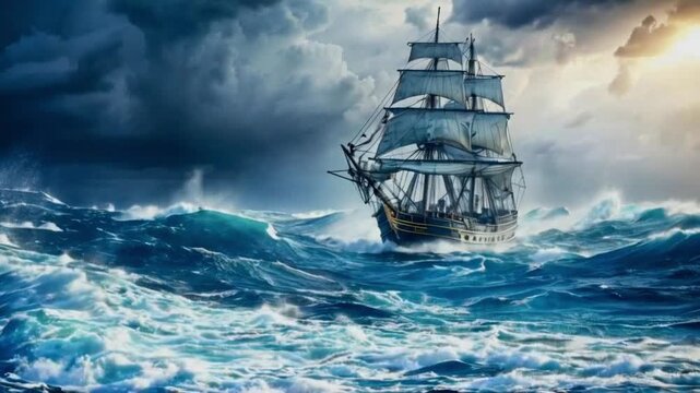 Ship Sailing Through a Stormy Sea - A ship braves the stormy sea, symbolizing resilience, adventure,.