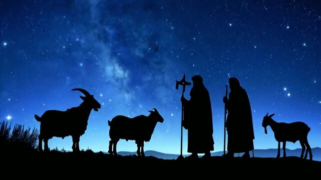 Silhouettes of ancient shepherds with goat looking into sky at Bethlehem star in starry night 