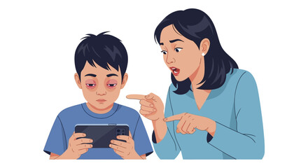 Concerned mother scolding tired redeyed son engrossed in phone game.