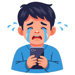 Upset Boy Crying While Using Smartphone.