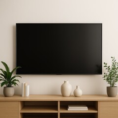 Modern living room scene with wall mounted television floating console curated decor and neutral palette offering realistic clean mockup for screen content and interior branding