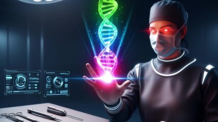A futuristic surgeon pioneers genetic engineering, manipulating a vibrant DNA helix with cutting-edge biotechnology in an advanced research facility - Powered by Adobe