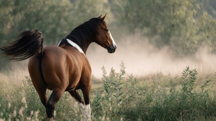 Fototapeta premium Majestic horse trotting in a serene landscape during golden hour