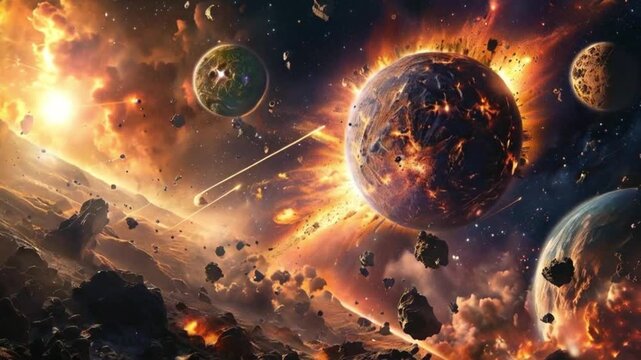 Space landscape alien planet. Exploding galaxy with meteors and clouds..