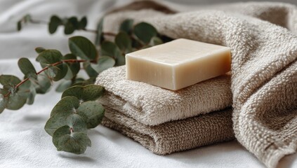 A bar of light beige soap rests on folded beige towels, amongst eucalyptus leaves on a white linen surface