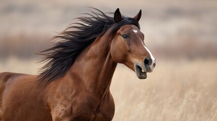 Majestic brown horse running through grassy field with flowing mane