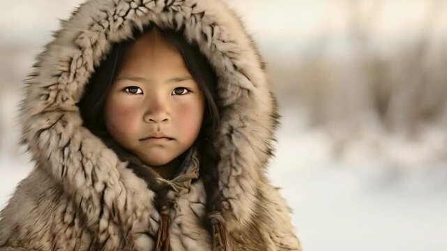Stark portrait of indigenous Eskimo girl in sepia tones. Winter Inuit child in stark landscape with fur coat..