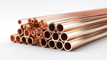Copper pipes stacked on white surface