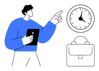 Person holding tablet pointing towards clock beside briefcase. Ideal for time management, work-life balance, productivity, planning, business strategy, deadlines, and career growth. Simple flat