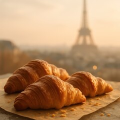 Buttery French croissants stacked on rustic table with dreamy Eiffel Tower backdrop evoking Parisian romance authentic patisserie aroma and gourmet travel inspiration
