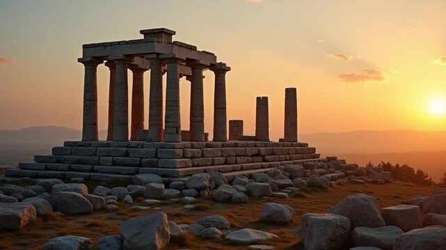 old greek temple ruins at sunset