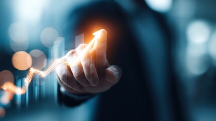 Hand Reaches Toward a Glowing Upward Trend Arrow as Financial Chart Elements Rise in a Futuristic Business Scene