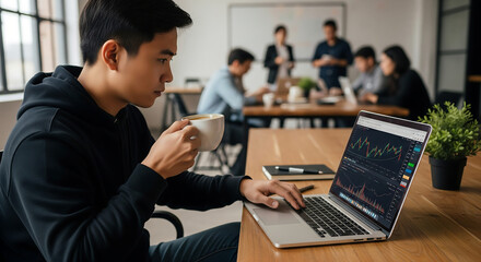 Asian man analyzing stock market data on laptop with coffee during meeting