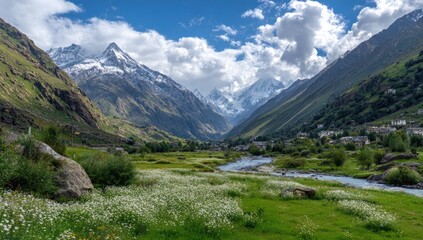 Naklejka premium Mountain valley with a river and wildflowers