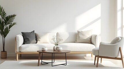 Serene modern living room bathed in natural sunlight, inviting relaxation and peaceful home vibes