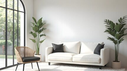 Serene modern living room with white sofa, natural light, and lush green plants
