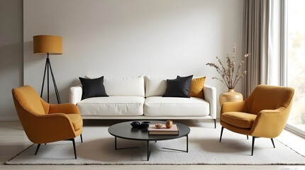Stylish modern living room features comfortable white sofa, accent chairs, and chic decor creating inviting ambiance