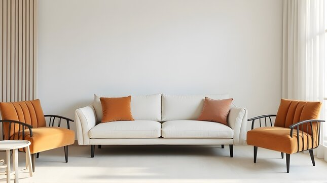 Stylish modern living room with comfortable white sofa and chic orange accent chairs, perfect for home decor inspiration.