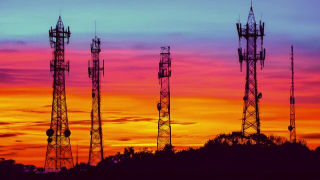 Telecommunication Towers Silhouette Against Vibrant Sunset Sky - A scenic sunset with vibrant hues, showcasing the silhouette of telecommunication towers, symbolizing connectivity, communication,.
