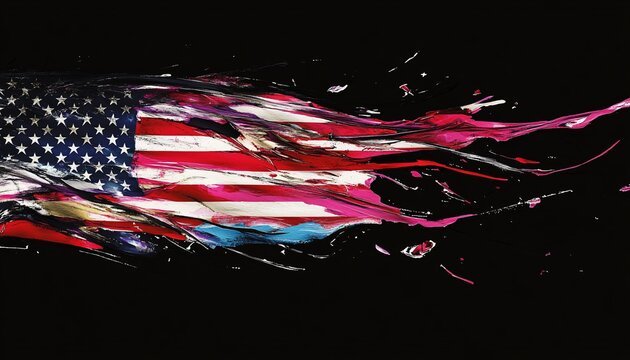 The illustration shows a dynamic, abstract representation of the US flag with paint in motion against a black backdrop. - Powered by Adobe