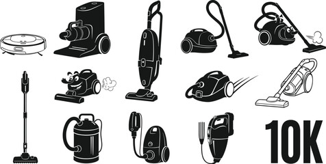 Vector set of 10K vacuum cleaner icons including steam, robot, upright, handheld, and cartoon style cleaning device illustrations © MDALRAFIN