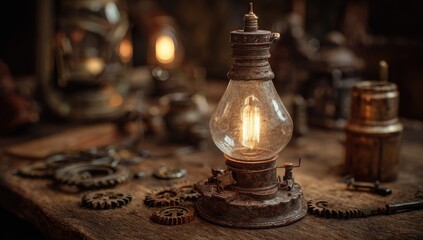 Antique lamp surrounded by gears and other vintage tools