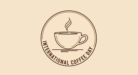 A simple line art illustration celebrating International Coffee Day, featuring a steaming cup of coffee within a circular emblem.