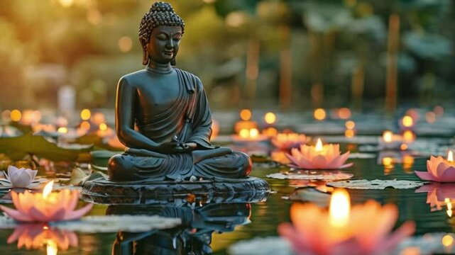 Tranquil Buddha Statue with Lotus Flowers and Candles in Water - A serene image of a Buddha statue meditating in a peaceful setting with lotus flowers and candles. The scene represents peace,.