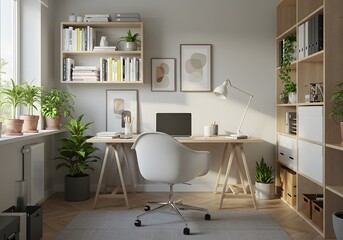 Serene modern home office setup bathed in natural light, perfect for productive work and creative inspiration