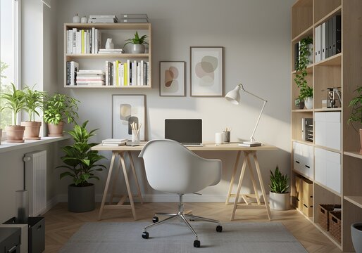 Serene modern home office setup bathed in natural light, perfect for productive work and creative inspiration