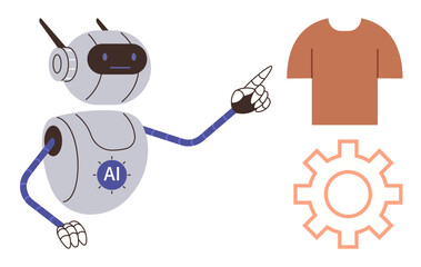 Robot with AI label pointing at clothing outline beside a gear icon, representing innovation, technology, automation, creative solutions, fashion design, problem-solving, and development in a simple