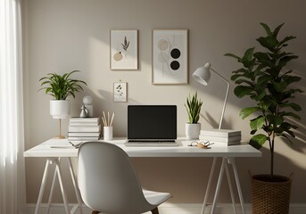 Inspiring modern home office setup with plants and minimalist art, creating a serene and productive workspace for creative professionals.