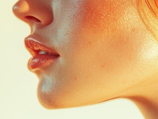 Close-Up of a Glossy Lip and Skin Texture with Natural Highlights on a Warm Background