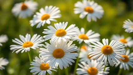 Fresh daisies bathed in sunlight with a soft green background, showcasing delicate petals in close-up.