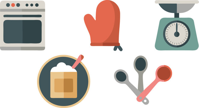 Colorful Kitchen Tools Oven, Mitten, Measuring Spoons, Food Scale, and Jar Illustration