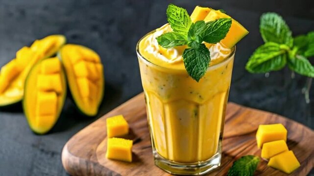 Vibrant mango shake with mint garnish, displayed on wooden board