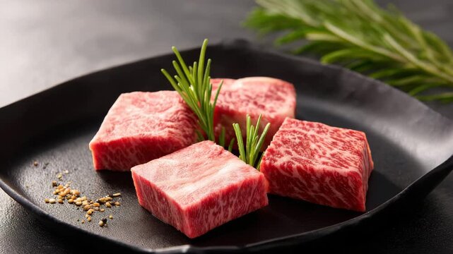 Fresh marbled beef cubes and raw meat on black plate with rosemary garnish, premium quality uncooked gourmet steak, vibrant color, closeup culinary concept, delicious luxury cuisine, selective focus