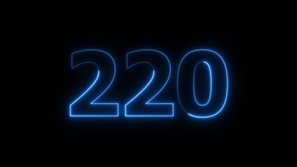 Abstract beautiful blue neon 220 number illustration background 4K. Glowing neon countdown number icon background. 