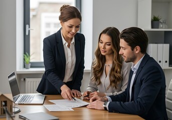 Professional team collaborates on contract review in modern office, discussing important details for successful business deal.