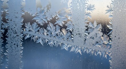 Intricate ice crystal patterns forming beautiful fern-like frost on a cold window pane.
