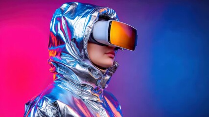 Futuristic woman in silver jacket with virtual reality headset, exploring immersive digital world against vibrant neon pink and blue gradient background, technology innovation and curiosity - Powered by Adobe