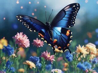 Vibrant Blue Butterfly on Colorful Wildflowers in a Sunlit Meadow with Soft Bokeh Background Effects